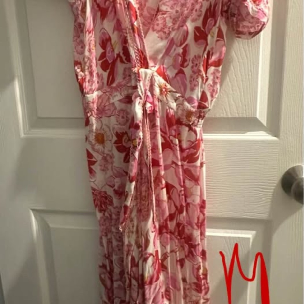 Poupette St Barth Pink & White Puff Sleeve Maxi Dress – Size Medium